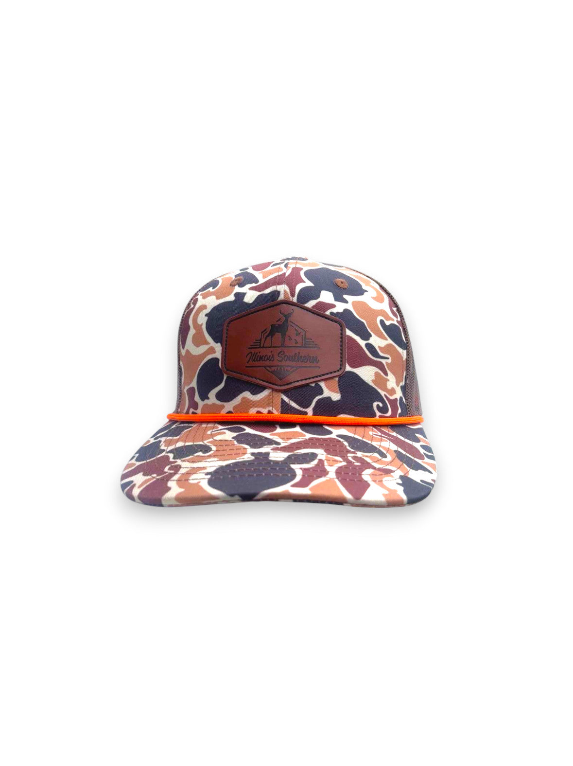 Camouflage-patterned cap with a leather patch on a white background